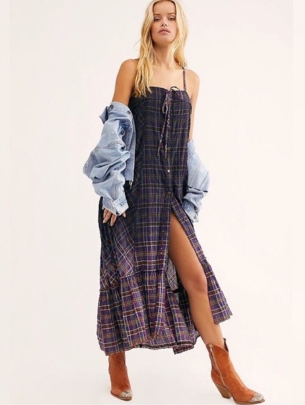 FREE PEOPLE WE THE FREE PLAID CITY MAXI DRESS